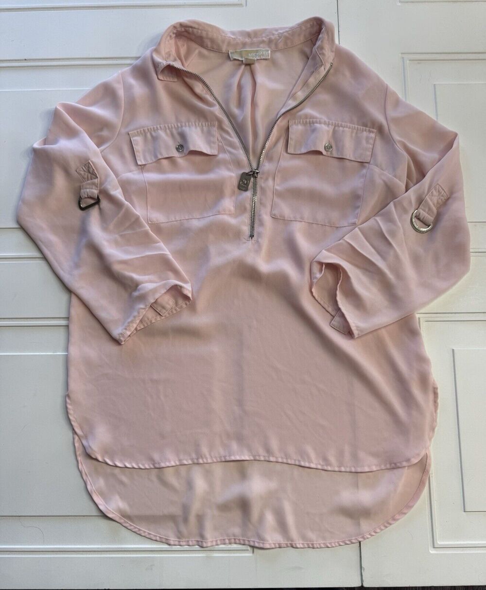 Michael Kors Womens Sz S Oversized Semi Sheer Pink Half Zip Pink Blouse Top